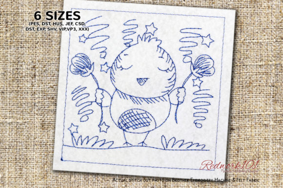 Charming Baby Chick with Flowers Redwork